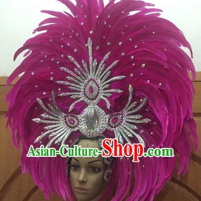Top Grade Halloween Parade Hair Accessories Brazilian Rio Carnival Samba Dance Rosy Feather Giant Headwear for Women