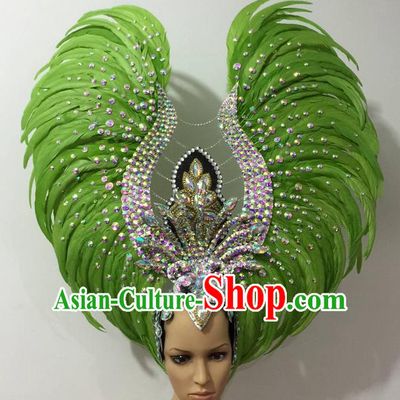 Top Grade Brazilian Rio Carnival Samba Dance Hair Accessories Headwear, Halloween Parade Green Feather Headpiece for Women