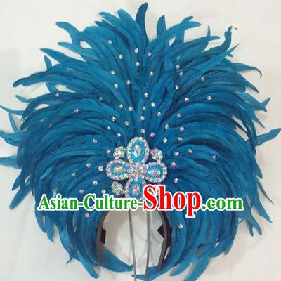 Top Grade Brazilian Rio Carnival Samba Dance Hair Accessories Giant Headpiece Headwear, Halloween Parade Big Blue Feather Headdress for Women