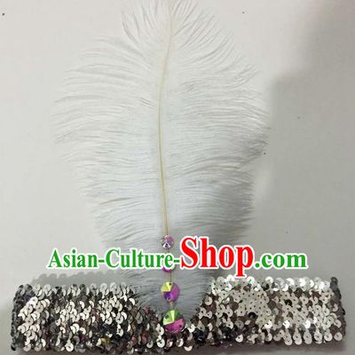Top Grade Brazilian Rio Carnival Samba Dance White Feather Hair Accessories Headpiece, Halloween Parade Crystal Headwear for Women