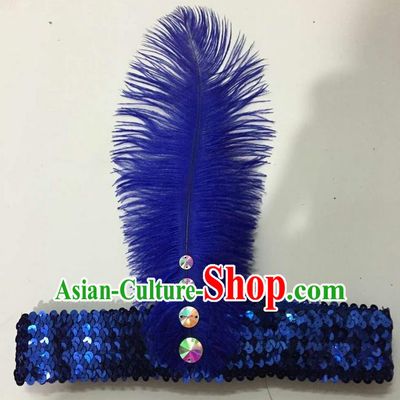 Top Grade Brazilian Rio Carnival Samba Dance Royalblue Feather Hair Accessories Headpiece, Halloween Parade Crystal Headwear for Women