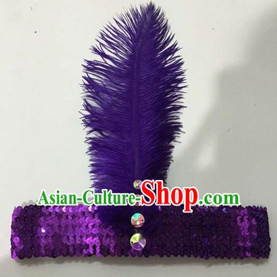 Top Grade Brazilian Rio Carnival Samba Dance Purple Feather Hair Accessories Headpiece, Halloween Parade Crystal Headwear for Women