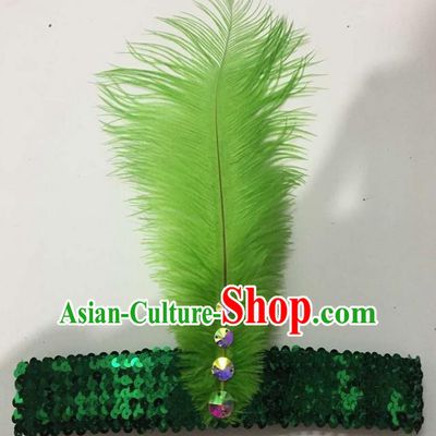 Top Grade Brazilian Rio Carnival Samba Dance Green Feather Hair Accessories Headpiece, Halloween Parade Crystal Headwear for Women