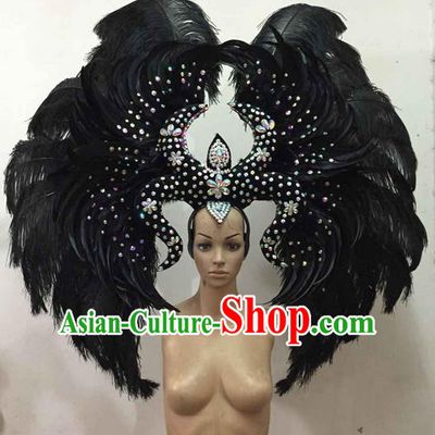 Top Grade Brazilian Rio Carnival Samba Dance Black Feather Big Hair Accessories Headpiece, Halloween Parade Giant Headwear for Women