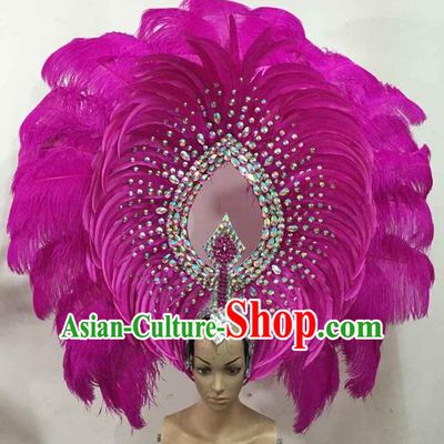 Top Grade Brazilian Rio Carnival Samba Dance Rosy Feather Big Hair Accessories Deluxe Headpiece, Halloween Parade Giant Headwear for Women