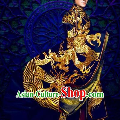 Traditional Ancient Chinese Emperor Costume and Handmade Headpiece Complete Set, Elegant Hanfu Chinese Southern and Northern Dynasty King Embroidered Dragon Robe