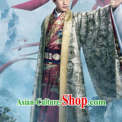Traditional Chinese Ancient Warring States Time Imperial Emperor Costumes, Song of Phoenix Chu State King Hanfu Clothing and Handmade Headpiece Complete Set