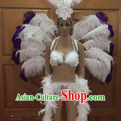 Top Grade Professional Performance Catwalks Costume White Feather Bikini with Wings, Traditional Brazilian Rio Carnival Samba Dance Clothing and Headpiece for Women