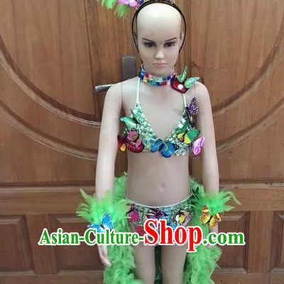Top Grade Professional Performance Catwalks Costume Green Feather Swimsuit and Headwear, Traditional Brazilian Rio Carnival Samba Dance Bikini Clothing for Kids