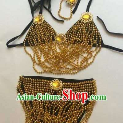 Top Grade Professional Performance Catwalks Costume Golden Swimsuit, Traditional Brazilian Rio Carnival Samba Dance Bikini Clothing for Kids