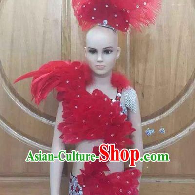 Top Grade Professional Performance Catwalks Costume Red Swimsuit and Headwear, Traditional Brazilian Rio Carnival Samba Dance Bikini Clothing for Kids