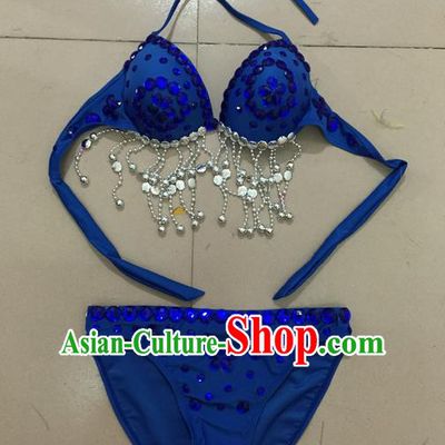 Top Grade Professional Performance Catwalks Costume Royalblue Swimsuit, Traditional Brazilian Rio Carnival Samba Belly Dance Bikini Clothing for Kids