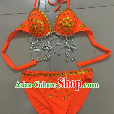 Top Grade Professional Performance Catwalks Costume Orange Swimsuit, Traditional Brazilian Rio Carnival Samba Belly Dance Bikini Clothing for Kids