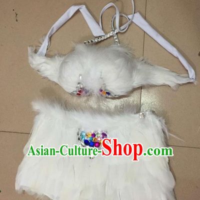 Top Grade Professional Performance Catwalks Costume White Feather Bikini, Traditional Brazilian Rio Carnival Samba Dance Modern Fancywork Swimsuit for Women