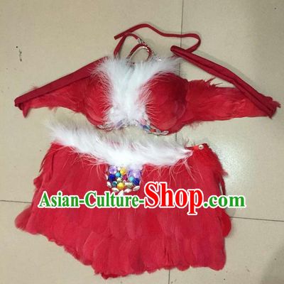 Top Grade Professional Performance Catwalks Costume Red Feather Bikini, Traditional Brazilian Rio Carnival Samba Dance Modern Fancywork Swimsuit for Women
