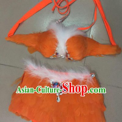Top Grade Professional Performance Catwalks Costume Orange Feather Bikini, Traditional Brazilian Rio Carnival Samba Dance Modern Fancywork Swimsuit for Women