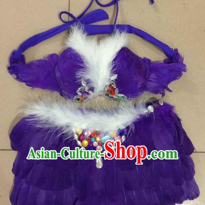 Top Grade Professional Performance Catwalks Costume Purple Feather Bikini, Traditional Brazilian Rio Carnival Samba Dance Modern Fancywork Swimsuit for Women