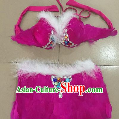 Top Grade Professional Performance Catwalks Costume Rosy Feather Bikini, Traditional Brazilian Rio Carnival Samba Dance Modern Fancywork Swimsuit for Women