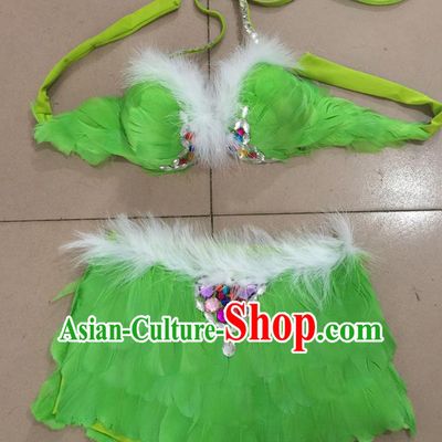 Top Grade Professional Performance Catwalks Costume Green Feather Bikini, Traditional Brazilian Rio Carnival Samba Dance Modern Fancywork Swimsuit for Women