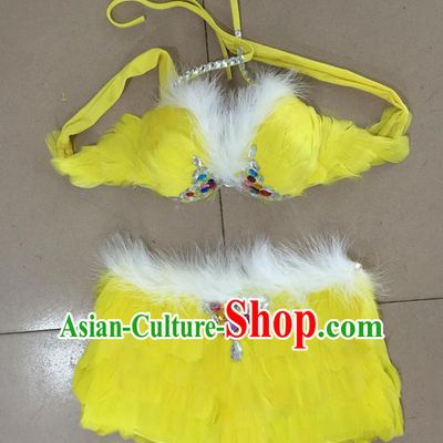 Top Grade Professional Performance Catwalks Costume Yellow Feather Bikini, Traditional Brazilian Rio Carnival Samba Dance Modern Fancywork Swimsuit for Women