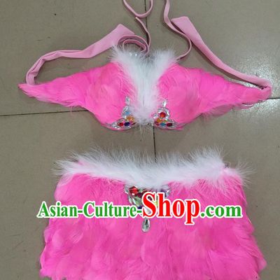 Top Grade Professional Performance Catwalks Costume Pink Feather Bikini, Traditional Brazilian Rio Carnival Samba Dance Modern Fancywork Swimsuit for Women