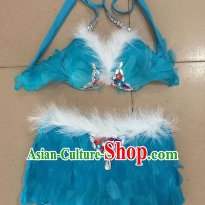 Top Grade Professional Performance Catwalks Costume Blue Feather Bikini, Traditional Brazilian Rio Carnival Samba Dance Modern Fancywork Swimsuit for Women