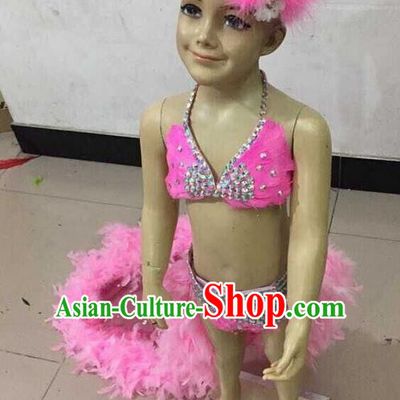 Top Grade Professional Performance Catwalks Costume Pink Feather Bikini, Traditional Brazilian Rio Carnival Samba Dance Clothing and Headwear for Kids