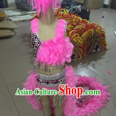 Top Grade Professional Performance Catwalks Costume Pink Feather Bikini, Traditional Brazilian Rio Carnival Samba Dance Swimsuit Clothing and Headwear for Kids