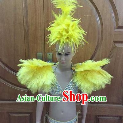 Top Grade Professional Performance Catwalks Costume Yellow Feather Bikini with Wings, Traditional Brazilian Rio Carnival Samba Dance Swimsuit Clothing and Headwear for Kids