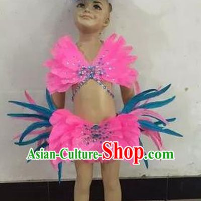 Top Grade Professional Performance Catwalks Costume Pink Feather Swimsuit, Traditional Brazilian Rio Carnival Samba Dance Bikini Clothing for Kids