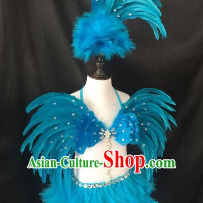 Top Grade Professional Performance Catwalks Blue Feather Swimsuit Costume, Traditional Brazilian Rio Carnival Samba Dance Modern Fancywork Clothing for Girls