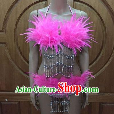 Top Grade Professional Performance Catwalks Tassel Bikini, Traditional Brazilian Rio Carnival Samba Modern Fancywork Belly Dance Pink Swimsuit Clothing for Women