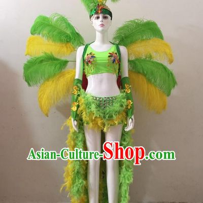 Top Grade Professional Performance Catwalks Green and Yellow Feather Bikini and Headwear Wings, Brazilian Rio Carnival Samba Opening Dance Swimsuit Clothing for Women