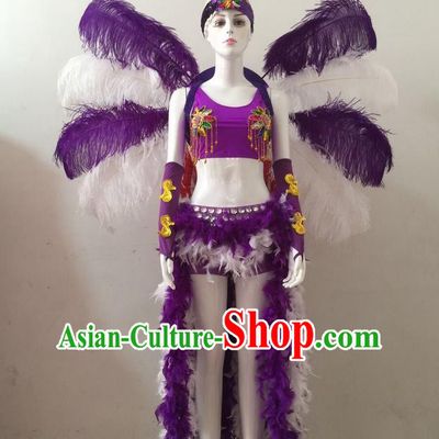 Top Grade Professional Performance Catwalks Purple Feather Bikini and Headwear Wings, Brazilian Rio Carnival Samba Opening Dance Swimsuit Clothing for Women