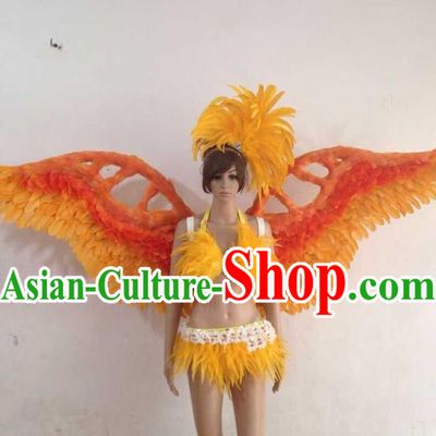 Top Grade Professional Performance Catwalks Golden Swimsuit, Brazilian Rio Carnival Parade Samba Opening Dance Bikini and Feather Wings for Women