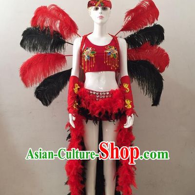 Top Grade Professional Performance Catwalks Red and Black Feather Bikini and Headwear Wings, Brazilian Rio Carnival Samba Opening Dance Swimsuit Clothing for Women