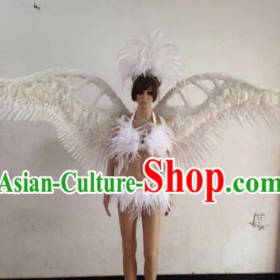 Top Grade Professional Performance Catwalks White Swimsuit, Brazilian Rio Carnival Parade Samba Opening Dance Bikini and Feather Wings for Women