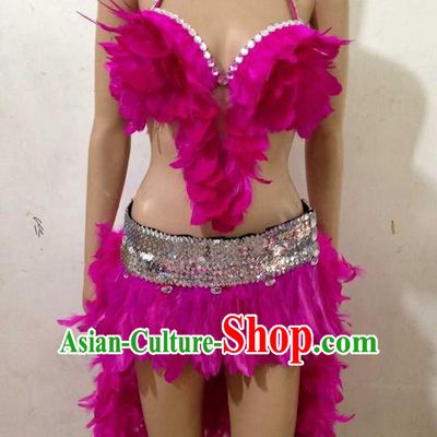 Top Grade Professional Performance Catwalks Rosy Feather Swimsuit, Brazilian Rio Carnival Parade Samba Belly Dance Opening Dance Bikini for Women
