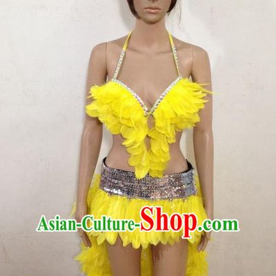 Top Grade Professional Performance Catwalks Yellow Feather Swimsuit, Brazilian Rio Carnival Parade Samba Belly Dance Opening Dance Bikini for Women