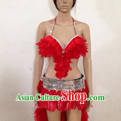 Top Grade Professional Performance Catwalks Red Feather Swimsuit, Brazilian Rio Carnival Parade Samba Belly Dance Opening Dance Bikini for Women