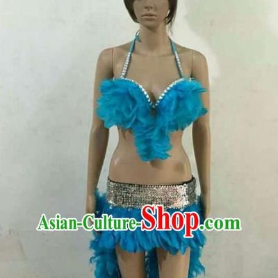 Top Grade Professional Performance Catwalks Blue Feather Swimsuit, Brazilian Rio Carnival Parade Samba Belly Dance Opening Dance Bikini for Women