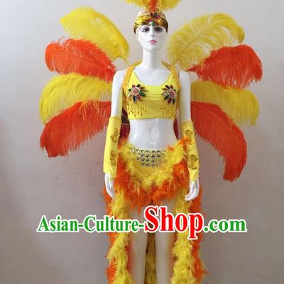 Top Grade Professional Performance Catwalks Yellow and Orange Feather Bikini and Headwear Wings, Brazilian Rio Carnival Samba Opening Dance Swimsuit Clothing for Women
