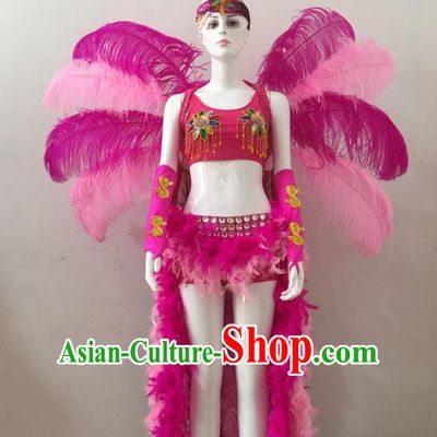 Top Grade Professional Performance Catwalks Rosy and Pink Feather Bikini and Headwear Wings, Brazilian Rio Carnival Samba Opening Dance Swimsuit Clothing for Women