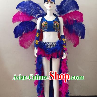 Top Grade Professional Performance Catwalks Rosy and Blue Feather Bikini and Headwear Wings, Brazilian Rio Carnival Samba Opening Dance Swimsuit Clothing for Women