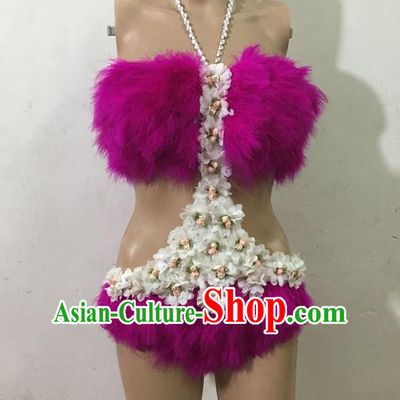 Top Grade Professional Performance Catwalks Purple Swimsuit, Brazilian Rio Carnival Parade Samba Belly Dance Opening Dance Feather Bikini for Women