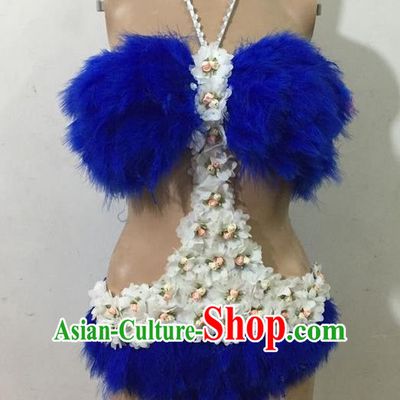 Top Grade Professional Performance Catwalks Blue Swimsuit, Brazilian Rio Carnival Parade Samba Belly Dance Opening Dance Feather Bikini for Women