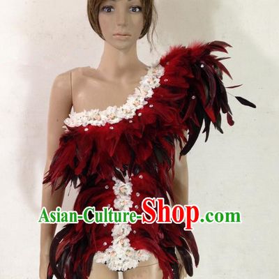 Top Grade Professional Performance Catwalks Red Swimsuit, Brazilian Rio Carnival Parade Samba Belly Dance Opening Dance Feather Bikini for Women