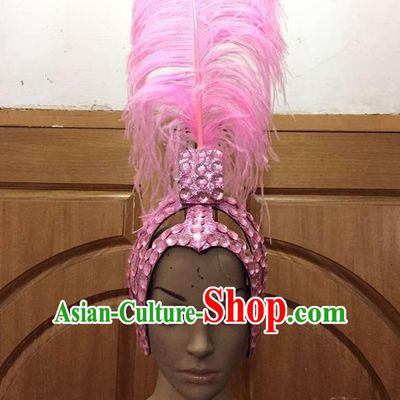 Top Grade Brazilian Rio Carnival Samba Dance Pink Feathers Hair Accessories Headpiece, Halloween Parade Feather Decorations Headwear for Women