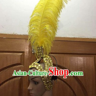 Top Grade Brazilian Rio Carnival Samba Dance Yellow Feathers Hair Accessories Headpiece, Halloween Parade Feather Decorations Headwear for Women