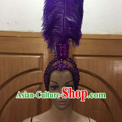 Top Grade Brazilian Rio Carnival Samba Dance Purple Feathers Hair Accessories Headpiece, Halloween Parade Feather Decorations Headwear for Women